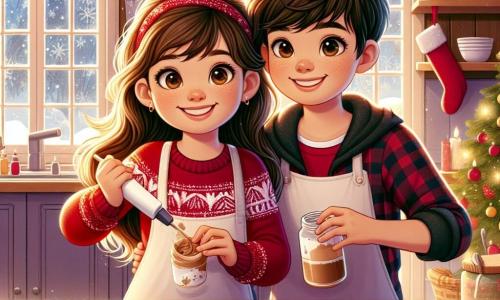 En el centro de la imagen, Lucía, una niña de 11 años con largos cabellos castaños y ojos brillantes de alegría, está decorando pasteles de Navidad. Lleva un suéter rojo con motivos de copos de nieve y un delantal en forma de estrella. Su rostro irradia emoción y felicidad mientras añade purpurina colorida a los pasteles. A su lado, su mejor amigo Mateo, un niño de 11 años con cabello corto y rubio, sonríe sosteniendo un tarro de glaseado. Lleva una camisa a cuadros y un gorro navideño. Mateo se inclina para ayudar a Lucía, añadiendo glaseado a un pastel en forma de árbol. Al fondo, la cocina familiar es cálida y acogedora, con guirnaldas luminosas en las paredes y una gran mesa de madera cubierta de decoraciones navideñas. La escena principal muestra a Lucía y Mateo, rodeados de pasteles coloridos, preparando dulces para la fiesta de Año Nuevo, llenos de entusiasmo y creatividad, listos para compartir su alegría con amigos y familiares.