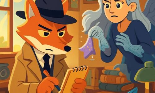 El detective Zorro, un zorro elegante con un sombrero negro y un gabán beige, está de pie en su oficina, con los ojos entrecerrados y decididos. Su pelaje rojizo brilla bajo la luz dorada del sol que entra por la ventana, mientras toma notas en un cuaderno de páginas amarillentas. A su lado, la señora Lira, una arpía de largos cabellos plateados y ojos penetrantes, flota ligeramente sobre el suelo, con sus guantes de encaje brillando. Ella parece preocupada, con el ceño fruncido, y agita un pequeño pañuelo que emite chispas. La oficina está llena de libros antiguos, mapas misteriosos y objetos mágicos, con paredes cubiertas de retratos de criaturas fantásticas. Una ventana abierta deja entrar una brisa suave, haciendo danzar las cortinas. En esta escena, Zorro escucha atentamente a Lira, quien le explica el robo de su precioso Sombrero Encantado de la Suerte, mientras una pluma azul brillante, encontrada bajo la mesa, reposa sobre el escritorio, añadiendo un toque de misterio a la atmósfera.