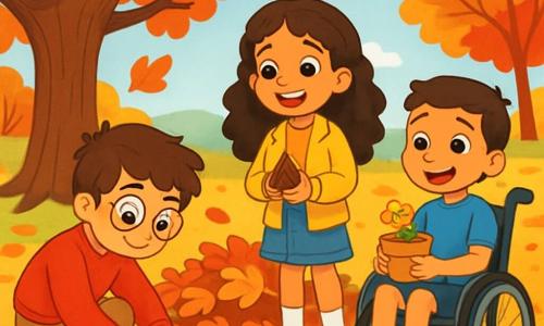 Hay 3 personajes: - Tomás: Un niño de 8 años con cabello castaño desordenado y gafas redondas. Lleva un suéter rojo y pantalones beige. Está agachado, cavando un pequeño hoyo en el suelo con una palita. - Sofía: Una niña de 7 años con cabello rizado y una sonrisa radiante. Lleva una chaqueta amarilla y una falda de mezclilla. Está de pie junto a Tomás, sosteniendo un bulbo de flor en sus manos, lista para plantarlo. - Lucas: Un niño de 8 años con cabello corto y una gran alegría en los ojos. Está en silla de ruedas, vestido con una camiseta azul y un short. Se encuentra un poco atrás, observando a sus amigos con una sonrisa, mientras sostiene una maceta pequeña. El lugar es un jardín de otoño, lleno de árboles con hojas brillantes de rojo, naranja y amarillo. El suelo está cubierto de un tapiz de hojas coloridas, y un gran roble majestuoso se erige en el centro, con sus ramas extendidas como brazos acogedores. A lo lejos, se ve una colina suave bajo un cielo azul claro, salpicado de nubes esponjosas. La situación principal muestra a los tres amigos plantando bulbos de flores en el jardín, rodeados de un gran montón de hojas sobre el cual acaban de saltar. Se ríen y se divierten, disfrutando de la belleza del otoño mientras preparan su jardín para el invierno.