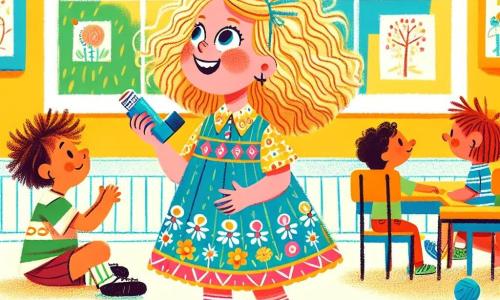 A 4-year-old girl, Ellie, with beautiful curly golden hair, smiles joyfully while holding a blue inhaler in her hand. She wears a lovely colorful dress with flower patterns and sandals. Her bright eyes show her pride and determination. Next to her, her friend Sam, a 4-year-old boy with messy brown hair and a striped t-shirt, looks at Ellie with curiosity. He is sitting on the floor, surrounded by colorful building blocks, ready to stack them. The scene takes place in a bright classroom, with yellow-painted walls and children's drawings hanging up. Sunlight streams in through the windows, illuminating the scattered toys on the floor. Ellie confidently explains to her classmates what asthma is, holding her inhaler. The other children listen attentively, fascinated by her story and courage.