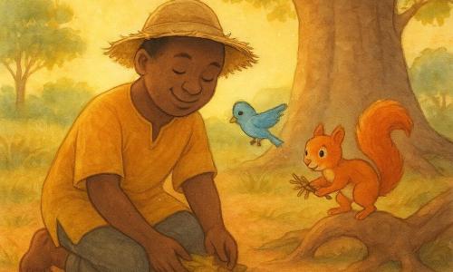 Kofi, uomo dal volto rotondo e pelle bruna, sorride calmo e concentrato inginocchiato a raccogliere foglie vicino a un baobab; indossa una tunica ocra e un cappello di paglia sfilacciato. La piccola scimmietta femmina Zuri, pelo rossiccio, salta su una radice con un mucchietto di rametti a destra di Kofi in primo piano. La tartaruga femmina Binta, carapace verde venato, avanza lentamente spingendo un cumulo di foglie verso un angolo pulito in primo piano a sinistra vicino al ruscello. Il piccolo uccellino maschio Piku, piumaggio azzurro, vola sopra le mani di Kofi portando una buccia di frutto tra Kofi e il baobab. Luogo: radura sotto un grande baobab, terreno rosso chiazzato d'erba gialla, un ruscello scintillante a sinistra e manghi e alte erbe sullo sfondo. Scena: momento di pulizia collettiva e tranquilla al tramonto, luce dorata tra le foglie.