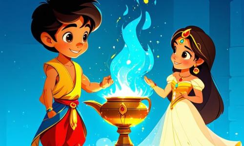 Aladdin, un ragazzo dai capelli neri e ricci, indossa pantaloni colorati e un gilet dorato, mostrando un grande sorriso mentre strofina una lampada di argilla lucente. I suoi occhi brillano di eccitazione e curiosità mentre una nuvola di fumo azzurro inizia a sollevarsi dalla lampada, rivelando un genio maestoso. Accanto a lui c'è Jasmine, una ragazza di circa 10 anni con lunghi capelli castani e un vestito turchese decorato con motivi floreali, che guarda Aladdin con ammirazione, tenendo un piccolo libro di fiabe. La scena si svolge in un mercato vivace, pieno di bancarelle colorate, frutti esotici e tessuti variopinti, illuminato da lanterne sospese. Aladdin, con un'espressione di sorpresa e gioia, strofina la lampada magica mentre un genio flamboyante si materializza, pronto a esaudire desideri, circondato dall'energia vibrante del mercato.
