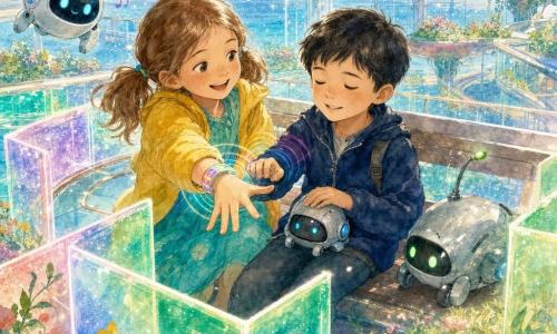 An 8-year-old girl, joyful and focused with light brown pigtails, wearing a bright yellow jacket and turquoise dress, reaches out smiling to guide, her vibrating bracelet visible; an 8-year-old blind boy named Max, calm and curious with short black hair and a navy jacket, sits on a bench beside her holding a small guide robot while feeling the bracelet's vibration; a small round robot named Dotty, polished white metal with blue lights, floats behind the girl emitting gentle musical notes, and an elongated guide robot named Pippin with a silver shell and green LED eyes stands protectively by the boy; the scene is a floating garden on a glass platform with lush green grass, floating colorful flower beds, a translucent glass walkway with a lit railing, aerial bridges and a sparkling sea in the distance, as the pair navigate a maze of light walls with visible colorful vibration rings in a soft, optimistic pastel palette with neon touches, rendered in detailed watercolor with wet textures and controlled splashes.