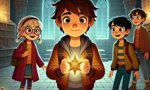 En un viejo edificio abandonado, cuatro niños están en el centro de la habitación. Max, un chico de diez años con el cabello castaño alborotado y una gorra al revés, mira con asombro un amuleto en forma de estrella que sostiene en sus manos. A su izquierda, Carla, una niña con gafas redondas y cabello rubio trenzado, observa un libro antiguo abierto sobre una mesa, con los ojos brillantes de curiosidad. A la derecha, Hugo, un chico de cabello castaño y ropa colorida, dibuja rápidamente el amuleto en su cuaderno, con una sonrisa emocionada en el rostro. Finalmente, Leo, un chico de cabello negro y ojos muy abiertos, se queda un poco atrás, sosteniendo la mano de Max, con una expresión de asombro y miedo. El lugar es una sala espaciosa y misteriosa, con paredes de ladrillos antiguos cubiertas de runas brillantes. Artefactos mágicos brillan en estanterías polvorientas, y una luz dorada emana del amuleto, iluminando la habitación con un resplandor cálido y mágico. La situación principal muestra a Max levantando el amuleto, mientras una voz misteriosa resuena en el aire, revelándoles que son los nuevos guardianes de la ciudad, encargados de proteger la barrera mágica contra un peligro inminente.