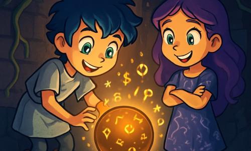 Hay 2 personajes principales: - Kael: Un niño de 9 años con cabello desordenado de color azul noche y ojos brillantes como estrellas. Lleva una túnica de tela plateada y botas de cuero desgastadas. Está inclinado hacia adelante, con las manos sobre una esfera de bronce, su rostro iluminado por la luz misteriosa que emana. - Tiren: Una niña de 9 años con largos cabellos ondulados de un violeta brillante y ojos verdes llenos de curiosidad. Lleva un vestido de tela ligera, adornado con patrones de constelaciones. Se encuentra justo al lado de Kael, con los brazos cruzados y una sonrisa de emoción en el rostro, observando la esfera. La situación principal tiene lugar en una habitación oscura y antigua, con paredes de piedra rugosa cubiertas de lianas luminosas. En el centro, una esfera de bronce flota, rodeada de símbolos luminosos que danzan en el aire. Fragmentos de vidrio y engranajes oxidados cubren el suelo, mientras sombras misteriosas se dibujan en las paredes, creando una atmósfera mágica y inquietante. La trama muestra a Kael y Tiren descubriendo la esfera mágica. La luz deslumbrante del objeto ilumina sus rostros maravillados, mientras imágenes fantásticas flotan a su alrededor, revelando secretos olvidados de su mundo.