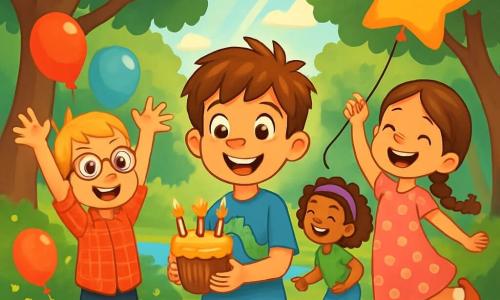 Es gibt vier Kinder: Max, ein 10-jähriger Junge mit zerzausten braunen Haaren und funkelnden Augen, steht in der Mitte, lächelt und hält einen kleinen Geburtstagskuchen mit Kerzen. Tom, ebenfalls 10 Jahre alt, hat blonde Haare und eine runde Brille, trägt ein rotes kariertes Hemd und schwarze Hosen und steht links von Max, hebt begeistert die Arme. Mia, ein 8-jähriges Mädchen mit langen, geflochtenen braunen Haaren, trägt ein rosa Kleid mit weißen Punkten, steht rechts von Max, hält einen sternförmigen Ballon und springt vor Freude. Léa, ein 9-jähriges Mädchen mit lockigem Haar und lila Haarband, trägt ein grünes T-Shirt und Jeans, steht etwas weiter hinten, lacht und schaut ihre Freunde an. Der Ort ist ein grüner Park mit großen Bäumen, bunten Blumen und einem kleinen, glitzernden Teich. Lichtstrahlen filtern durch die Äste und schaffen eine magische, fröhliche Atmosphäre. Die Kinder feiern Max' Geburtstag, umgeben von bunten Ballons und Lachen, mit dem Geburtstagskuchen in der Mitte, bereit, die Kerzen auszublasen. Alle Kinder lächeln und fangen den Geist von Freundschaft und Freude an diesem besonderen Tag ein.