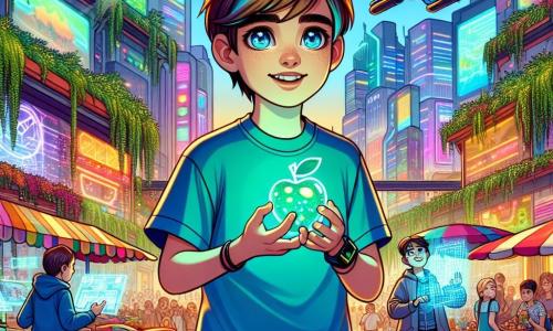 Um garoto de 12 anos, Miguel, com cabelos castanhos e olhos curiosos, está no centro de uma rua futurista, sorrindo maravilhado. Ele usa uma camiseta azul vibrante e um short de denim, segurando uma maçã transparente na mão, pronto para explorá-la. Ao seu lado, Kian, também de 12 anos, com cabelos azuis e óculos brilhantes, ri enquanto controla um pequeno drone em forma de peixe que voa ao redor. Um pouco mais adiante, Zé, um garoto de 12 anos com cabelos castanhos e um moletom, observa um holograma flutuante com fascinação. O local é um mercado movimentado da cidade futurista de Lumina, com barracas flutuantes de comida colorida, jardins verticais exuberantes nas paredes e drones multicoloridos no céu. Os edifícios de vidro cintilante, iluminados por néons, se erguem majestosos ao redor deles. A cena principal mostra Miguel, Kian e Zé descobrindo juntos as maravilhas da cidade, maravilhados com a tecnologia e a beleza do ambiente, enquanto hologramas de criaturas fantásticas dançam ao redor.