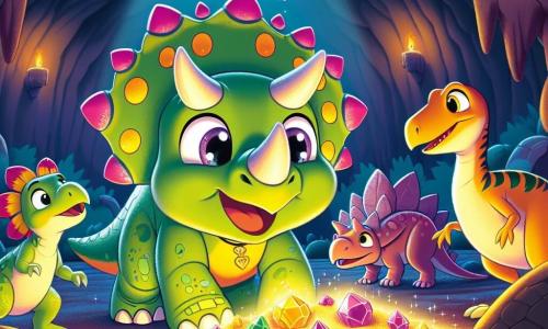 Um triceratops alegre chamado Tico, com pele verde e manchas de cores vivas nas costas, está no centro da cena, com os olhos brilhando de empolgação, descobrindo um tesouro cintilante em uma caverna. Ao seu lado, uma estegossauriana chamada Sara, com placas rosas nas costas e uma grande cauda, observa com admiração as pedras brilhantes, enquanto um pequeno velociraptor chamado Vico, com penas amarelas e olhos travessos, se aproxima curiosamente dos tesouros. A caverna é escura, mas iluminada por reflexos de luz das pedras preciosas, com paredes adornadas com pinturas rupestres de outros dinossauros. A cena principal mostra Tico, Sara e Vico descobrindo juntos o tesouro escondido, cheios de alegria e admiração, simbolizando amizade e aventura.