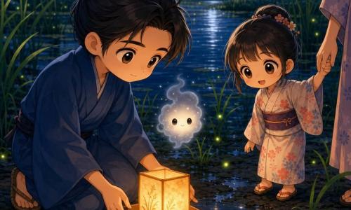 A young man (Haru) with a gentle, focused face and slightly furrowed brows kneels at the edge of a pond in a simple indigo kimono, hair in a low bun and straw sandals, holding a yellowed paper lantern on a small wooden tray; a seven-year-old girl in a floral yukata stands beside the shore, holding the hand of an adult off-frame and watching the lantern float; a childlike non-human spirit, a pale translucent cloud with dark bead-like eyes, hovers above nearby reeds emitting a soft white glow; the scene is nighttime at a shallow Japanese marsh with mirror-like water, thin green reeds, dark cracked mud softened by water, and a low silver moon reflected on the surface; the amber lantern drifts on the water surrounded by faint yellow-green fireflies forming circles in the air, creating a calm, reverent, wonder-filled atmosphere.