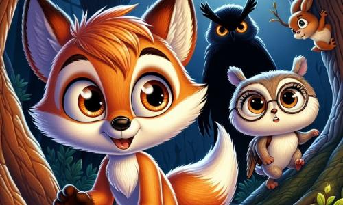 In the heart of a dark and mysterious forest, a small fox named Felix, with his bright orange fur and large, curious eyes, stands bravely in front of a shadowy figure. He wears a determined expression, ready to face the unknown. Next to him, Bella the owl, with her brown feathers and round glasses, watches the scene closely, her wide eyes showing both wisdom and concern. She is perched on a low branch, ready to offer advice. Benny the rabbit, with his white fur and upright ears, stands back, displaying a mix of bravery and apprehension as he prepares to leap forward. Lila the squirrel, agile and quick with her bushy tail and mischievous eyes, climbs up a tree trunk, ready to spring into action. The scene takes place in a dark clearing of the forest, where moonlight filters through the twisted branches, casting eerie shadows on the ground. Light mists float around, adding a mysterious and slightly frightening atmosphere. Felix and his friends face a menacing shadow creature, ready to defend their laughter and joy, while the wind whispers secrets in the night.