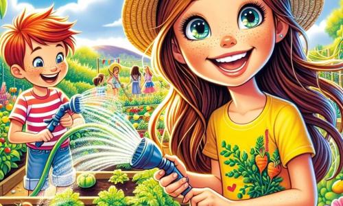 Una niña de 12 años, Emma, con largos cabellos castaños y ojos brillantes de curiosidad, sonríe alegremente mientras riega pequeñas plantas en un jardín comunitario. Lleva una camiseta amarilla brillante y un short de mezclilla, con un sombrero de paja que la protege del sol radiante. A su lado, Lucas, un niño de 11 años con cabello rojizo y pecas, sostiene una manguera y ríe mientras salpica un poco de agua sobre Emma. El jardín es un lugar vibrante, lleno de hileras de verduras coloridas: tomates rojos, zanahorias naranjas y hierbas verdes exuberantes, todo bajo un cielo azul claro salpicado de nubes blancas y esponjosas. La escena irradia una atmósfera alegre y colaborativa, donde los niños se divierten cuidando las plantas. Emma y Lucas, rodeados de sus vecinos, celebran el trabajo realizado en este jardín floreciente, simbolizando la amistad y el esfuerzo colectivo.