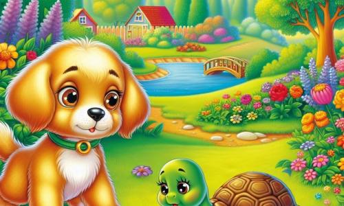 Um pequeno cachorro dourado chamado Pip, com pelagem brilhante e olhos cheios de curiosidade, está no centro da imagem, olhando ao redor com uma expressão determinada. À sua direita, uma tartaruguinha chamada Tina, com uma carapaça verde e olhos suaves, está agachada, parecendo preocupada, procurando seu caracol Cuca na grama. Ao fundo, um jardim colorido se estende, repleto de flores vibrantes, grandes árvores com folhas verdes e um pequeno lago brilhando ao sol. A cena principal mostra Pip e Tina em busca de Cuca, o caracol, que está escondido em algum lugar neste lindo jardim.