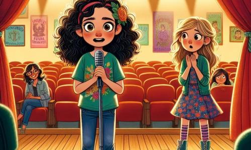 Uma menina de 12 anos, Luísa, está no centro do palco, com cabelos cacheados e negros e olhos brilhando de nervosismo. Ela usa uma camiseta colorida e jeans, suas mãos tremem levemente enquanto se prepara para falar diante do público. Ao lado dela, sua melhor amiga, Júlia, também de 12 anos, tem cabelos longos e loiros, veste um vestido florido e observa Luísa com um sorriso encorajador, mas também uma pitada de preocupação nos olhos. A cena acontece em um auditório escolar acolhedor, com assentos de madeira e cortinas vermelhas que emolduram o palco. Cartazes coloridos de produções teatrais anteriores decoram as paredes, criando uma atmosfera alegre e criativa. Luísa está diante do microfone, pronta para compartilhar sua história sobre a importância da verdade, enquanto o público, composto por alunos e professores, a escuta atentamente, criando uma atmosfera de tensão e expectativa.