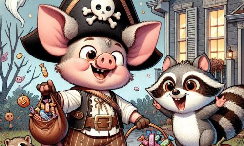Um pequeno porquinho travesso chamado Tico, um coelho marrom com orelhas grandes, veste um traje de pirata com um chapéu e uma espada de plástico, exibindo um largo sorriso de empolgação enquanto segura uma sacola cheia de doces. Ao seu lado, sua melhor amiga, a guaxinim Rita, com pelagem cinza e olhos brilhantes de curiosidade, olha ao redor com um ar de aventura, enquanto o pequeno esquilo Zezé, com sua pelagem marrom e cauda peluda, salta alegremente, rindo de felicidade. Eles estão em frente a uma casa decorada para o Halloween, adornada com abóboras sorridentes, teias de aranha e fantasmas de papel flutuando ao vento. A cena captura a empolgação da noite de Halloween, enquanto os amigos se preparam para entrar na casa misteriosa em busca de guloseimas, cercados por uma atmosfera mágica e levemente assustadora.