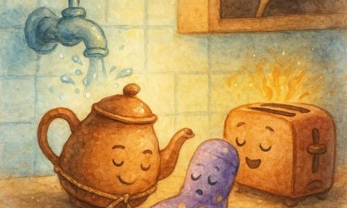 Klink, een deukige koperen theepot met een reliëf-“lach”, een scheef deksel en een mini-sjaal van touw, kijkt verbaasd en ondeugend en tikt met de tuit tegen een sok op het aanrecht; prof. Sokkel, een luie paarse sok met gele stippen en geborduurde slaapogen, fluistert magische woordjes, tegen Klink aanleunend. Linksachter spuit een lachende kraan transparante druppels als belletjes die confetti-achtige spatten maken; rechts staat een rossige broodrooster die gouden vonken spuugt en kleine vlammetjes niest richting Klink. Een houten lepel met geschilderde ogen roept vanuit een open donkere plank als dramatische verteller. De keuken is warm en compact: licht houten aanrecht, lichtblauwe tegels, gouden ochtendlicht, lichte stoom en fonkelende kruimels die rondzweven. Een komische, betoverde scène waarin een theepot en een betoverde sok praten temidden van magische drukte van kleine keukenapparaten vol beweging, stoom en speelse vonken.