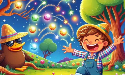 Un niño llamado Lucas, de 7 años, con cabello castaño desordenado y una sonrisa brillante, lleva un sombrero colorido y salta alegremente en un campo de flores multicolores. A su lado, un gran pato gigante, con gafas de sol y un sombrero de paja, ríe mientras se esconde detrás de un árbol enorme. El lugar es un paisaje de ensueño, con un cielo estrellado, árboles con troncos retorcidos y flores brillantes que bailan con la brisa nocturna. Globos de colores flotan en el aire, añadiendo un toque de magia a la escena. La situación principal muestra a Lucas saltando alto, tratando de atrapar globos coloridos que se elevan, mientras el pato gigante lo anima con una gran sonrisa. La atmósfera es alegre y lúdica, llena de risas y magia.