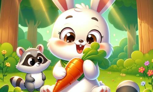 Un pequeño conejo llamado Tito, con un pelaje suave y blanco, grandes orejas y ojos brillantes de alegría, está sentado en la hierba verde, sosteniendo una enorme zanahoria naranja en sus patas delanteras. Tiene una gran sonrisa en el rostro, mostrando su emoción. Junto a él, un pequeño mapache llamado Rufi, con pelaje gris y ojos redondos y curiosos, mira la zanahoria con una expresión de deseo y tristeza. Se mantiene un poco alejado, con las patas cruzadas, como si dudara en acercarse. La escena transcurre en un claro soleado del bosque, rodeado de árboles de hojas verdes brillantes y flores coloridas que bailan suavemente con el viento. Rayos de sol filtran a través de las ramas, creando sombras suaves en el suelo. Tito, feliz con su descubrimiento, está mordiendo la zanahoria, mientras Rufi, algo triste, se queda al lado, esperando poder compartir este manjar con su amigo.