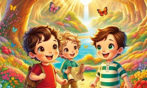 En un hermoso valle lleno de flores coloridas, tres amigos están en el centro de la escena. Lucas, un niño de cinco años con cabello rizado y castaño, lleva una camiseta roja y un pantalón corto azul. Sonríe con entusiasmo, sosteniendo un viejo mapa en sus manos. A su derecha, Mateo, otro niño de cinco años con cabello liso y rubio, viste una camisa a rayas verdes y pantalones beige. Observa con curiosidad el paisaje, con los ojos muy abiertos. A la izquierda, Tomás, un niño de cinco años con cabello ondulado y castaño, lleva un suéter azul claro y jeans. Se mantiene tranquilo, con las manos en los bolsillos, observando los majestuosos árboles que los rodean. El lugar es un valle encantador, bañado en luz dorada, con árboles gigantes de hojas brillantes y una fuente de agua clara en el centro, que emite reflejos de arcoíris. Mariposas de colores vuelan a su alrededor, añadiendo un toque de magia a la atmósfera. Los tres amigos descubren el "Valle de las Ideas", un lugar donde cada árbol susurra pensamientos profundos. Están listos para escuchar los secretos del lugar, con expresiones de asombro en sus rostros, reflejando su búsqueda de sabiduría y amistad.