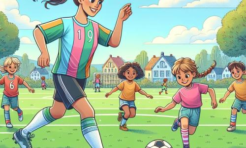 In het midden van de afbeelding dribbelt Emma, een atleet van ongeveer 25 jaar, een voetbal op een groot groen gazon. Ze heeft bruin haar in een paardenstaart en een stralende glimlach die haar vreugde en passie voor het spel toont. Ze draagt een kleurrijk shirt met nummer 10, shorts en sportschoenen. Om haar heen zijn verschillende kinderen: Max, een 6-jarig jongetje met rommelig blond haar, rent aan haar rechterkant met zijn armen omhoog van opwinding. Aan haar linkerkant staat een klein meisje met vlechten in een roze t-shirt, klaar om de bal te ontvangen met een grote glimlach. Het veld is omringd door kleurrijke bloemen en grote bomen, onder een heldere blauwe lucht met enkele witte wolken. In de verte zijn huizen met kleurrijke gevels te zien die een charmante toets aan het landschap geven. Emma leert de kinderen hoe ze voetbal moeten spelen, moedigt hen aan om de bal door te geven en samen te werken, wat een sfeer van kameraadschap en vreugde op het veld creëert.