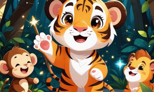 Un giovane tigre dalle strisce arancioni e bianche, con grandi occhi brillanti di determinazione, si trova al centro della scena, sollevando la zampa con entusiasmo, pronto a esplorare un nuovo mondo. Alla sua destra, un piccolo leone dal pelo dorato, con una criniera nascente che brilla al sole, sorride con ammirazione, gli occhi scintillanti di eccitazione, tenendo un bastone che ha fatto per aiutarli nella loro avventura. A sinistra, una piccola scimmia furba con pelo marrone, appesa a un ramo, ride gioiosamente, i suoi occhi brillanti di malizia, tenendo una piccola mappa che ha disegnato per guidare il gruppo. Il luogo è una vasta prateria colorata, punteggiata di fiori vivaci, con colline verdi sullo sfondo e un cielo blu chiaro punteggiato di nuvole bianche e soffici. La scena principale mostra il tigre e i suoi amici, pronti a partire per l'avventura, circondati dalla bellezza della natura, illustrando lo spirito di squadra e l'uguaglianza di genere, tutti uniti nella loro ricerca di scoperta e amicizia.