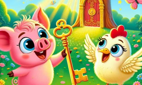 Un piccolo maialino di nome Pino, con un pelo rosa e guance rotonde, mostra un grande sorriso di eccitazione mentre tiene una chiave d'oro scintillante tra le sue piccole zampe. Accanto a lui, la sua migliore amica, Clara la gallina, con piume gialle brillanti e uno sguardo curioso, batte le ali gioiosamente guardando la chiave. Si trovano in un magnifico prato verde, punteggiato di fiori colorati e baciato dalla luce dorata del sole, con alberi maestosi sullo sfondo. In lontananza, un grande albero con una porta rossa misteriosa si erge, circondato da farfalle danzanti. La scena principale mostra Pino e Clara, meravigliati, davanti all'albero magico, pronti ad aprire la porta con la chiave d'oro, simboleggiando la loro ricerca di avventura e amicizia.