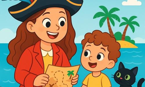La capitana Lina, una donna dal sorriso splendente e dai lunghi capelli ondulati, si erge orgogliosa sul ponte della sua nave pirata. Indossa un cappello da pirata decorato con una piuma colorata e una giacca rossa brillante. I suoi occhi brillano di eccitazione mentre tiene una mappa del tesoro tra le mani. Accanto a lei, un bambino di 7 anni con i capelli ricci guarda con meraviglia la mappa, gli occhi spalancati. Un gatto nero dagli occhi verdi, seduto sul parapetto, osserva attentamente le onde, pronto a balzare. La nave naviga su un mare calmo, dove i riflessi del sole danzano sull'acqua blu. In lontananza, un isolotto verdeggiante emerge, circondato da palme e sabbia dorata. La scena emana un'atmosfera di avventura gioiosa, mentre la capitana Lina e il suo equipaggio si preparano a scoprire un tesoro nascosto, pieni di entusiasmo e curiosità.