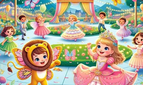 In un bel giardino scolastico, Giulia, una bambina di tre anni con grandi ali di farfalla colorate, danza gioiosamente al centro dell'immagine. Alla sua destra, Marco, un bambino di tre anni vestito da leone con una criniera dorata, salta ridendo. A sinistra, Sofia, una bambina di tre anni in abito da principessa rosa e corona scintillante, gira su se stessa con un sorriso radioso. Il giardino è decorato con palloncini colorati e festoni di carta, e fiori brillanti che aggiungono magia all'atmosfera. Sullo sfondo, un grande tendone colorato attira l'attenzione, pieno di luci scintillanti e risate di bambini. La scena rappresenta la grande sfilata di Carnevale, dove i bambini, vestiti con i loro costumi vivaci, sfilano gioiosamente, creando cuori di carta e stelle dorate per la festa.