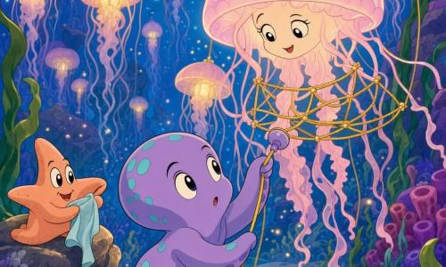 Un piccolo polpo chiamato Lume, corpo rotondo e tentacoli corti, pelle lavanda con macchie turchesi, concentrato e dolce, è inginocchiato sulla sabbia e tende una cordicella gialla con una ventosa verso una grande medusa-lampada rosa pallido e traslucida dai tentacoli sottili, il cui volto è benevolo mentre, sospesa sopra Lume, emana una calda luce mentre lui sistema delicatamente il filo del suo nido sotto una pioggia di bolle; la stella marina Seta, pesca e soffice, osserva da una pietra vicina con un pezzo di stoffa azzurro, sorriso incoraggiante; lo sfondo è una valle sottomarina di meduse luminescenti, alghe verdi ondeggianti, coralli viola e particelle luminose che fluttuano come polvere di stelle, atmosfera calma, luminosa e rassicurante.