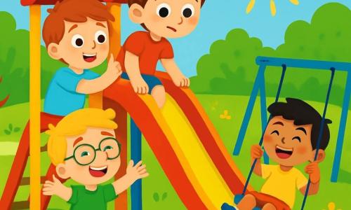 Es gibt 4 Kinder: Max, ein 6-jähriger Junge mit zerzausten braunen Haaren und blauen Augen, trägt ein rotes T-Shirt und eine blaue Shorts. Er steht oben auf der großen Rutsche, schaut nach unten und ist sowohl aufgeregt als auch ängstlich. Ben, ebenfalls 6 Jahre alt, hat blonde Haare und trägt eine Brille, ein grünes T-Shirt und kurze Hosen. Er steht unten an der Rutsche, lacht und ermutigt Max. Leo, ein weiterer 6-jähriger Junge mit schwarzen Haaren und einem strahlenden Lächeln, trägt ein gelbes T-Shirt und eine gestreifte Shorts. Er sitzt auf einer Schaukel und wartet auf seinen Spielturn. Tom, ein 6-jähriger Junge mit braunen Haaren und Sommersprossen, trägt ein hellblaues T-Shirt und eine beigefarbene Hose. Er steht hinter Max, bereit, ihn zu unterstützen. Der Ort ist ein sonniger Park mit bunten Spielgerüsten. Die große Rutsche ist rot und gelb, umgeben von leuchtendem Grün. Bunte Blumen säumen die Wege, und andere Kinder spielen fröhlich in der Umgebung. Die Hauptsituation zeigt Max, der nervös an der Spitze der Rutsche steht, während Ben ihn unten mit einem großen Lächeln ermutigt. Leo schwingt fröhlich auf der Schaukel, und Tom ist bereit, seinem Freund zu helfen. Das Bild fängt den Moment ein, in dem Max seine Angst überwindet und sich darauf vorbereitet, hinunterzurutschen, mit Aufregung und Freundschaft in ihren Gesichtern.