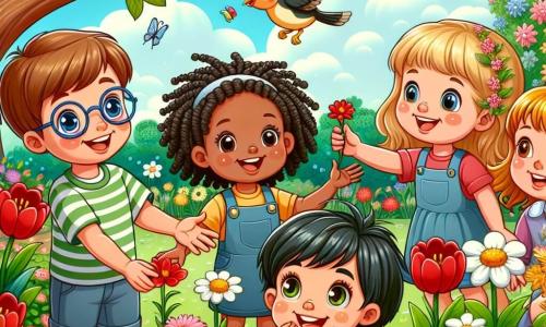 In un giardino in piena fioritura, cinque bambini si divertono insieme. Marco, un ragazzo di 7 anni con capelli castani e occhiali, indica un piccolo uccello posato su un ramo. Accanto a lui, Sara, una bambina di 6 anni con capelli biondi e ricci, sorride ascoltando il canto dell'uccello. Più in là, Rosa, una ragazza di 8 anni con trecce nere, ammira i fiori colorati che circondano il giardino. Luca, un ragazzo di 7 anni con capelli castani e occhi vivaci, osserva un'ape che raccoglie il nettare da un fiore. Infine, Tommaso, un bambino di 5 anni con capelli corti e castani, è seduto nella sua piccola macchina, circondato dai suoi amici che lo aiutano a vedere i fiori. Il giardino è pieno di fiori dai colori vivaci: tulipani rossi, margherite bianche e giunchiglie gialle, sotto un cielo azzurro chiaro punteggiato da alcune nuvole soffici. Un grande albero con foglie verdi lussureggianti offre ombra, mentre un dolce profumo di primavera aleggia nell'aria. I bambini ridono e si meravigliano insieme, celebrando la bellezza della primavera e la gioia dell'amicizia, pronti a condividere un delizioso picnic sotto il sole radioso.
