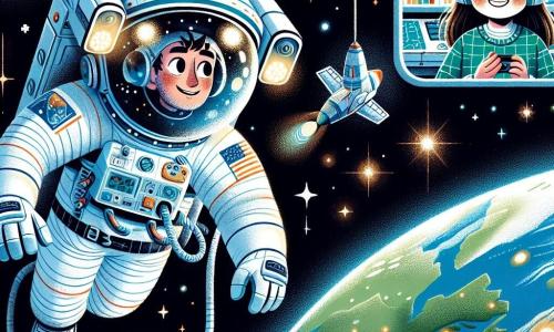 Een mannelijke astronaut, genaamd Joris, zweeft in de ruimte, gekleed in een indrukwekkend wit ruimtepak met blauwe accenten. Zijn gezicht is zichtbaar door zijn helm, met een verwonderde glimlach en nieuwsgierige ogen terwijl hij de schoonheid van de fonkelende sterren om hem heen observeert. In de buurt verschijnt een 12-jarig meisje, Lotte, op een communicatiescherm, met lange bruine haren en ronde bril. Ze heeft een glimlachend gezicht en opgewonden ogen, terwijl ze een klein raketmodel in haar handen houdt en Joris bewonderend aankijkt. De achtergrond is een uitgestrekte zwarte ruimte vol met heldere sterren, met de blauwe en groene aarde op de achtergrond, zichtbaar als een prachtige gekleurde bol. Het ruimteschip Orion is silhouet zichtbaar, met zijn zonnepanelen uitgeklapt, wat een futuristisch tintje aan de scène geeft. De hoofdactie toont Joris die een ruimtewandeling maakt en een mysterieus voorwerp naast het schip observeert, terwijl Lotte op het scherm hem aanmoedigt en haar enthousiasme voor de ruimteverkenning deelt.