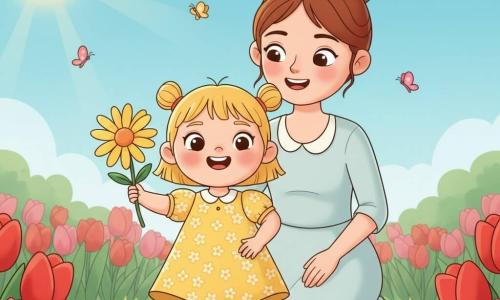 A joyful 2-year-old girl with short blonde pigtails, blue eyes and rosy cheeks in a yellow floral dress holds a large yellow flower while dancing on fresh green grass as her smiling, gentle mother (about 30) with chestnut hair in a bun and a pastel dress stands close behind, tenderly watching in a bright spring garden of red and pink tulips, small colorful butterflies, a clear blue sky and warm sun—the girl picks and admires the flower under sunlight, joyful atmosphere, vivid colors, soft shadows and rounded shapes with crisp details.