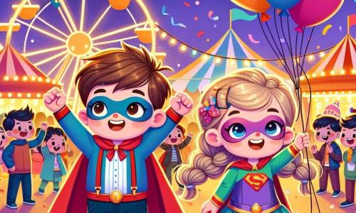 There are two main characters: an 8-year-old boy named Jack, with messy brown hair and a bright smile, wearing a blue superhero costume with a sparkling cape; and a 7-year-old girl named Mia, with braided blonde hair and sparkling eyes, dressed in a pink superheroine costume with a glittering cape. Jack stands on the left, raising his arms enthusiastically, while Mia is on the right, smiling and holding a large colorful balloon. The scene takes place at a vibrant carnival fair, filled with bright colors: stalls decorated with fairy lights, balloons floating in the blue sky, and children laughing and dancing around a lit Ferris wheel. Confetti flies in the air, adding to the festive atmosphere. The main situation shows Jack and Mia participating in a costume contest, proud of their sparkling capes, as they have just rescued a large balloon stuck in a tree, surrounded by amazed spectators applauding their bravery.