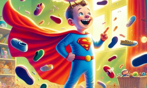 SuperSlof is een man in een felblauw kostuum met een wapperende rode cape, met een ondeugende glimlach en sprankelende ogen vol vastberadenheid. Hij staat in het midden van de kamer, omringd door kleurrijke mini-slippers die om hem heen dansen, terwijl hij met plezier naar zijn kleine vogel, Duifje, kijkt. Duifje, een vogel met witte en grijze veren, zit op het hoofd van SuperSlof, met een ondeugend gezicht en zijn ronde ogen die glinsteren van ondeugd. De scène speelt zich af in een zonnige kamer, vol verspreid speelgoed, superheldenposters aan de muren en een open raam dat een zachte bries binnenlaat. In deze hoofdscène ontdekt SuperSlof dat zijn vogel ook krachten heeft, en samen creëren ze een storm van mini-slippers, wat zorgt voor een mix van lachen en chaos in de kamer.
