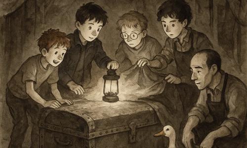 Six characters: Noah, an 11-year-old boy with short brown hair and a slightly dusty navy jacket, holding a metal lantern center-left and lighting the scene toward the chest; Milo, an 11-year-old with messy red hair and a green T-shirt, left of the chest with hands on a trapdoor panel, excited; Finn, an 11-year-old blond boy with round glasses and a gray sweatshirt, pushing the chest from the rear right, focused; Jasper, an 11-year-old with curly black hair and a plaid shirt, holding back the tarp at the right of the chest and standing slightly forward; Basil, a ~40-year-old pale technician in a dark apron with a wrench, crouched near the chest’s front wheel behind it, guilty but relieved; and Sir Honksalot, a white goose with a small blue bow tie and orange beak, nudging down the right side of the chest near Finn’s feet. Under a circus tent in a dark wooden underground room with beams, piled canvases and rugs, hanging ropes and creased tarpaulins, the warm lantern light casts long shadows and golden highlights on a riveted metal rolling chest partially covered by a tarp; the magical chest is being freed with effort, a repaired wheel and small tools lie around, dust motes float, giving a mysterious yet supportive rescue atmosphere.