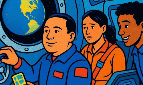 Commander Leon Park, around forty, round face and gentle eyes, calm determined expression with a slight smile, turns the large round hatch handle with one hand and holds a laminar control card in the other. Mina, about 30, hair in a ponytail, still slightly worried but calmer, sits strapped into the rescue vehicle seat with her hands on the belt buckle. Tariq, about 32, curly-haired, relieved and amused, checks a touchscreen dashboard beside the seat, head slightly tilted toward Leon. Interior of the spacecraft: compact cabin with smooth gray walls, colorful round buttons, chrome levers, orange straps and tool pockets, soft lighting with blue and yellow reflections; a large circular porthole shows Earth in the background with deep blue oceans and lit continental outlines. Main situation: preparing and closing the evacuation vehicle hatch after an exercise, precise calm gestures, tension turned into cooperation, dynamic composition focusing on hands, the handle and the porthole revealing the planet.