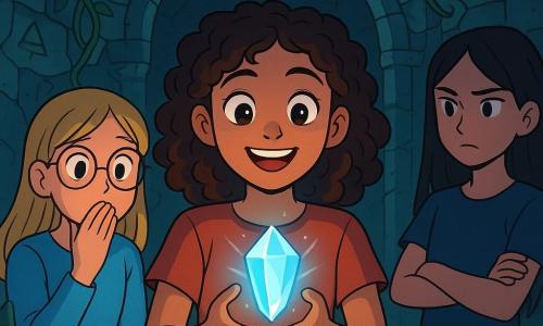 A young girl, Bianca, about 12 years old with curly brown hair and sparkling curious eyes, stands in the center of an old room, holding a glowing crystal in her hands. Her face expresses wonder and excitement, with a bright smile illuminating her features. Next to her, Gia, an 11-year-old girl with blonde hair and round glasses, watches the crystal with wide eyes, her hand over her mouth as if holding her breath. Kara, a 12-year-old girl with straight black hair, stands slightly back with a serious expression and crossed arms, as if sensing a mysterious presence in the air. 

The setting is an underground room with stone walls covered in green vines and ancient symbols, bathed in bluish light emanating from the crystal. Various-sized crystals sparkle around them, creating a magical and intriguing atmosphere. 

The main scene shows Bianca, Gia, and Kara discovering the mysterious crystal as a slight earthquake shakes the walls, and a distant rumbling sound indicates that intruders are approaching.