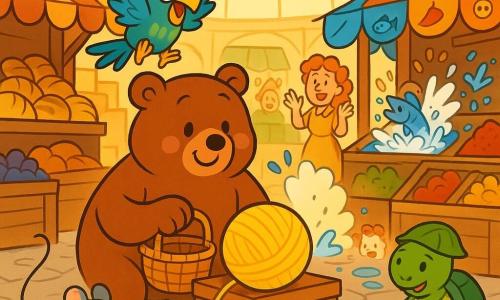 Bramble, a large, soft, round brown bear, smiling and calm with round eyes and rosy cheeks, gently holds a basket and places a big yellow ball of twine on a crate at the center in a generous pose; Mina, a tiny gray mouse, lively and mischievous, runs dragging the end of the twine among market crates to Bramble’s left with an amused look; Pip, a green-blue parrot with a large beak, excited and noisy, perches on a beam above Bramble with wings half-open as if applauding; Tilly, a dark-green-shelled turtle, calm and composed, wearing a leaf hat, holds the other end of the twine in front of a flower stall with a tranquil gaze; the covered market has a large domed glass roof with warm light rays, colorful stalls of bread, fish, spices and buttons, wooden crates, garlands and a cobbled floor with traces of flour; main scene: the large yellow ball of twine rolls gently between stalls creating joyful chaos—clouds of flour, splashing fish, surprised but smiling people—an animated, colorful, playful composition centered on the twine and friends trying to stop it together, in bright colors, soft outlines, simple textures, exaggerated comforting expressions and a warm, comic atmosphere.