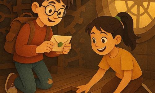 A 12-year-old boy, Milo, round-faced with flour on his nose, messy brown hair, thin glasses and a proud, awed expression, holding a small sealed envelope with a green wax seal he just opened, wearing a worn backpack and scuffed sneakers at his feet; beside him a girl, Lina, about 12, black hair in a ponytail, bright-eyed smiling, kneeling with a hand reaching toward an open chest in an enthusiastic, protective pose; inside an old clock tower with hollow wooden floors, rusted metal gears and frozen giant cogs, dust visible in a golden ray through a cracked round window; a square floor panel has opened to reveal a cavity containing an inked-edged letter and two shiny spiral pendants; layered cut-paper composition with cardboard textures, warm colors (gold, pale orange, browns) with green accents, sharp shadows and cut-out contours, conveying a kind, mysterious adventure atmosphere.