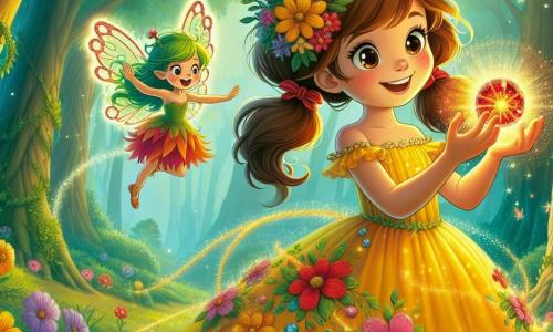 In the center of the image, a young witch named Amelia, about 10 years old, stands with a big smile. She wears a bright yellow dress that swirls around her, adorned with colorful flowers. Her brown hair is tied in two cheerful pigtails. Amelia is holding a shiny gem in her hand, emitting a soft red glow, while she looks on in wonder. Next to her, Tilly, a little forest fairy, floats in the air. She has sparkling wings and green hair, wearing a dress made of leaves. Tilly smiles enthusiastically, pointing at the gem Amelia holds. In the background, the scene takes place in an enchanted clearing, surrounded by majestic trees with thick trunks and lush foliage. Sun rays filter through the branches, illuminating multicolored flowers growing on the ground. The main situation shows Amelia and Tilly celebrating their victory after finding the Flame Gem, with a magical and joyful atmosphere filled with bright colors and sparkling light.