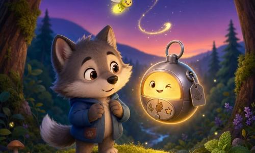 A small anthropomorphic wolf child with soft gray-and-white fur, round curious smiling eyes and a short blue jacket holds a silver round lantern emitting a warm orange glow, looking at it with wonder and mild caution while standing on green moss; the lantern, half-buried at the edge of a path and labeled 