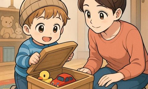 A 2-year-old boy with a round face, light chestnut hair in soft locks and bright wide eyes, wearing a small hat and a blue striped sweater, gently lifts the lid of a wooden toy box and looks inside in amazed wonder; his mother (about 30), with brown hair in a bun and a gentle face, crouches beside the box with a hand on its side, smiling kindly at him; Max, a gray tabby cat with a small blue paint spot on his paw, sits a few feet away tilting his head and watching; inside the box are a shiny yellow toy duck (Mr. Duck) and a small red toy car with sparkling blue paint drops; the scene is a warm living room with a large patterned rug, low shelf of soft toys, soft lamp, pastel walls and a slightly open door letting in a strip of light, creating a bright, cozy, joyful moment of discovery.