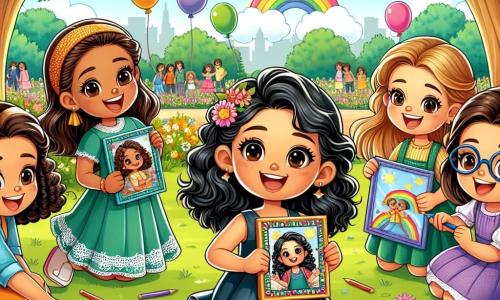 In un grande parco soleggiato, quattro bambine si riuniscono per celebrare la festa del papà. Sofia, una bambina di cinque anni con capelli ricci e un sorriso splendente, tiene un portafoto colorato dietro la schiena, impaziente di mostrarlo a suo padre. È al centro dell'immagine, radiosa di gioia. Alla sua destra, Chiara, una bambina di cinque anni con capelli lisci e castani, indossa un vestito blu e disegna stelle su un cartoncino blu, apparendo concentrata e felice. A sinistra di Sofia, Martina, una bambina di cinque anni con capelli biondi e trecce, utilizza cartoncino verde per creare fiori di carta, mostrando un grande sorriso. Infine, Carla, un'altra bambina di cinque anni con capelli castani e occhiali, è all'estrema sinistra, circondata da colori, mentre disegna un arcobaleno splendente. Il parco è pieno di verde, con grandi alberi, fiori colorati e famiglie che si divertono. Sullo sfondo, un cielo blu chiaro e palloncini fluttuano nell'aria. La scena mostra Sofia pronta a offrire il suo regalo a suo padre, circondata dalle sue amiche, tutte unite nell'eccitazione e nella gioia di questa giornata speciale.