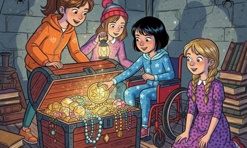 Four children: Lucy, 11, brown hair in a ponytail, orange jacket, standing left and leaning on a carved wooden chest with a brave expression and hand on the lid; Emma, 11, blonde braid, purple polka-dot dress, kneeling to Lucy’s right, lit by the jewels and looking amazed; Mia, 12, short black hair, in a red wheelchair at center front, wearing a starry costume that glows blue as she touches a large shiny coin; Sophie, 10, light brown hair with a striped beanie, crouched behind Mia holding a small lantern that casts long shadows; setting: a dusty old basement beneath a haunted house with worn wooden floorboards, damp stone walls, cobwebs, crates and stacked books around a carved wooden strongbox, low high-contrast lighting; main scene: the open chest is full of glittering jewels and old coins, Mia’s costume emits a magical blue light that illuminates their faces with dancing shadows, expressions of wonder and friendship.