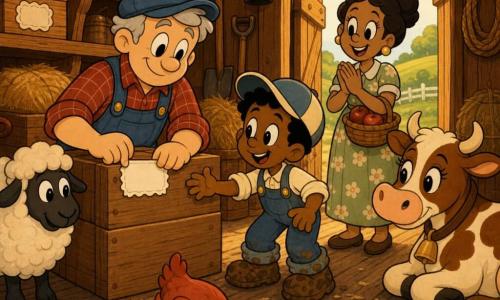 A smiling, serene farmer with short gray hair, fair skin, a blue cap, red plaid shirt and denim overalls sticks a white label on a large wooden crate in a warm brown barn; a woman with her hair in a bun in a simple floral dress claps and holds a small basket of apples near the barn entrance to the right of the man; a ~6‑year‑old boy in an oversized cap, overalls and muddy shoes stands beside the man, reaching for a label with an enthusiastic look; Daisy, a brown‑and‑white cow with big gentle eyes, crouches by a rack watching; Clucky, a red hen, pecks near the boy’s feet; Baa‑Baa, a fluffy white sheep, stands left and slightly back; golden light filters through an open door onto shelves of labeled boxes, hay bales, hanging tools and a worn plank floor with a few chips; the farmer labels boxes for his farm shop while family and animals watch, creating a calm, warm, organized scene with warm colors, strong contrasts, rounded silhouettes and friendly expressions.