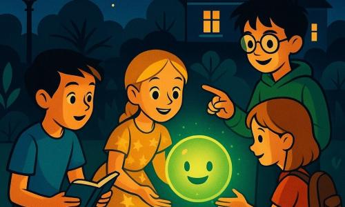 Ci sono cinque figure: Luca, ragazzo 10 anni, capelli castani corti, maglietta blu e pantaloni kaki, seduto a sinistra con un piccolo taccuino aperto che osserva la sfera luminosa con stupore; Stella, ragazza 9 anni, capelli biondi in treccia e vestito giallo a stelle, accovacciata al centro con le mani aperte verso la luce, volto meravigliato; Marco, ragazzo 11 anni, capelli neri spettinati, felpa verde e occhiali tondi, in piedi a destra leggermente arretrato che indica la sfera sorridendo; Giulia, ragazza 10 anni, capelli castano chiaro, gonna rossa e piccolo zaino, inginocchiata vicino a Luca che sfiora la sfera come per comunicare; Lumo, extraterrestre non umano: piccola sfera luminosa verde traslucida di circa 30 cm con superficie lucida, un piccolo schermo sorridente al centro e leggere pulsazioni, che fluttua sull'erba emettendo un'aura verde tenue. Luogo: giardino domestico notturno con prato, fiori bassi, cespugli in stile art déco, grande casa sullo sfondo con finestre calde e cielo stellato indaco; lampione spento per lasciare la sfera come unica fonte di luce. Situazione: i quattro bambini circondano la sfera appena apparsa che proietta riflessi verdi sui loro volti; atmosfera magica di meraviglia e curiosità, composizione centrata, colori contrastanti e contorni netti in stile art déco.