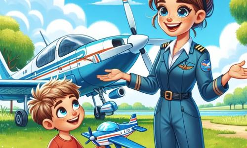 Uma piloto chamada Ana, com cabelos castanhos presos em um coque, veste um macacão azul e um capacete. Ela sorri amplamente, demonstrando sua paixão pelo voo, e está ao lado de seu belo avião azul, com os braços abertos como se convidasse para a aventura. Ao seu lado, um menino chamado Lucas, de cerca de 8 anos, com cabelos loiros bagunçados e olhos brilhantes de curiosidade, observa o céu com admiração. Ele usa uma camiseta vermelha e um short, segurando um pequeno modelo de avião nas mãos, em pé na grama, bem na frente de Ana. O local é um parque verdejante, com árvores majestosas e um céu azul salpicado de nuvens brancas e fofas. O avião está estacionado em uma pequena área livre, cercada por flores coloridas que dançam ao vento. A cena principal mostra Ana explicando a Lucas como voar, com gestos entusiásticos, enquanto Lucas, com os olhos brilhando de excitação, já imagina seu próprio voo nas nuvens.