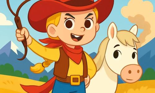 Ella, o cowgirl curajoasă, poartă o pălărie mare și frumoasă roșie, cu părul blond împletit care îi cade pe umeri. Are ochi strălucitori de determinare și un zâmbet încrezător, mânuind cu entuziasm biciul. Lângă ea, Matilda, o căluță albă cu ochi blânzi, stă pregătită, cu urechile ridicate, de parcă simțea emoția aventurii. Peisajul este o vastă pajiște aurie, presărată cu flori sălbatice colorate, cu munți măreți în fundal și un cer albastru strălucitor. La distanță, un nor de praf anunță apropierea bandiților, creând o atmosferă de tensiune și anticipare. Situația principală arată cum Ella și Matilda se pregătesc să plece în aventură, gata să înfrunte bandiții lui Jack Șarpele, cu un aer de provocare pe fața lui Ella, în timp ce vântul îi flutură eșarfa roșie.