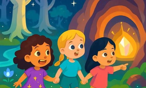 Es gibt drei Charaktere: Lila, ein 8-jähriges Mädchen mit lockigem, braunem Haar, trägt ein lila Kleid mit goldenen Sternen. Sie ist energiegeladen und lächelt fröhlich, während sie die Hand ihrer Freundinnen hält. Mia, ein 7-jähriges Mädchen mit geflochtenem, blondem Haar, trägt ein blaues T-Shirt und grüne Shorts. Sie hat einen neugierigen Blick und hält einen kleinen, funkelnden Kompass in der Hand. Sofia, ein 9-jähriges Mädchen mit glattem, schwarzem Haar, trägt eine rosa Tunika und gelbe Hosen. Sie hat einen entschlossenen Ausdruck und zeigt auf einen hellen Weg durch den Wald. Der Hauptort ist ein schwebender, magischer Wald mit großen, silbernen Baumstämmen und goldenen Blättern unter einem sternenklaren Himmel. Leuchtende Blumen erhellen den Boden, und kristallklares Wasser schlängelt sich zwischen den Wurzeln der Bäume. Die Hauptsituation zeigt die drei Freundinnen, die den verzauberten Wald erkunden, fasziniert von der Schönheit der Umgebung, während sie sich einer bunten Höhle nähern, in deren Mitte ein magischer Kristall in strahlendem Licht glänzt.