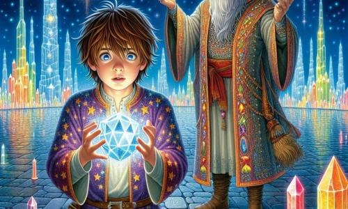 Un niño de 11 años, Elian, se encuentra en el centro de la escena, con cabello castaño desordenado y ojos brillantes de curiosidad. Lleva una túnica colorida adornada con patrones estrellados y sostiene un orbe de cristal brillante en sus manos, su rostro expresa asombro y determinación. A su lado, una figura encapuchada, que representa al líder de los Antiguos, es un hombre de unos 70 años, con una larga barba plateada y ojos sabios que brillan con una luz misteriosa. Levanta una mano hacia el cristal gigante, como si invocara una magia antigua. El escenario es una gran plaza de una ciudad de cristal, donde torres brillantes se elevan hacia un cielo estrellado, iluminadas por luces multicolores. El suelo está pavimentado con piedras brillantes que reflejan la luz de los cristales circundantes, creando una atmósfera mágica. La escena principal muestra a Elian recitando un encantamiento, rodeado de un aura luminosa, mientras el cristal gigante en el centro de la plaza comienza a vibrar y a emitir destellos de luz, liberando una energía mágica que danza en el aire.
